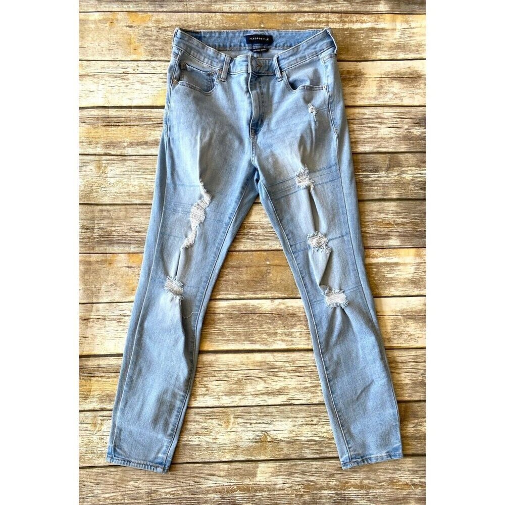 Aerpostale Womens High‎ Rise Jeggings Light Wash Distressed Jeans Size 12 Aero